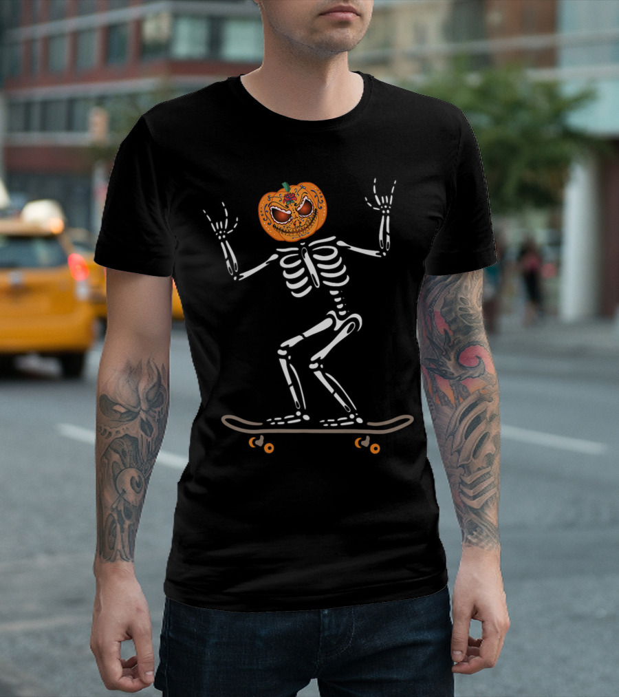Skeleton Skateboard with Pumpkin Head in Halloween Night T-Shirt