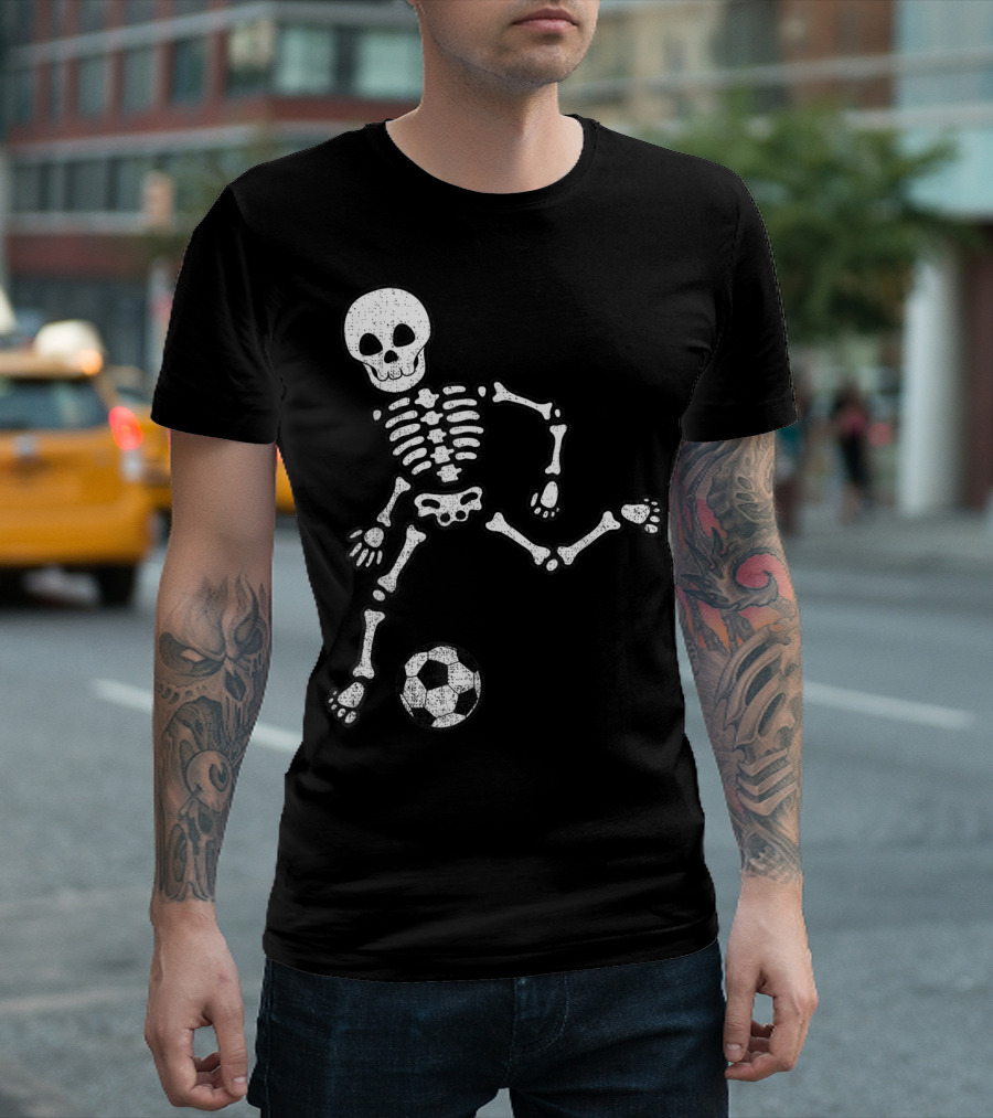 Skeleton Kicking Soccer Ball Halloween Sport Player T-Shirt