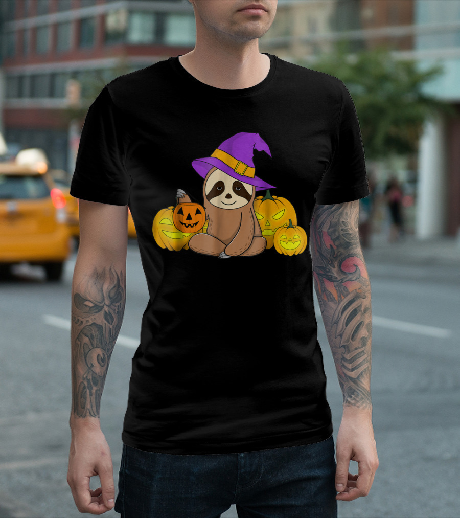 Sloth Halloween Witch Hat with Pumpkin Jack-O'-Lanterns T-Shirt