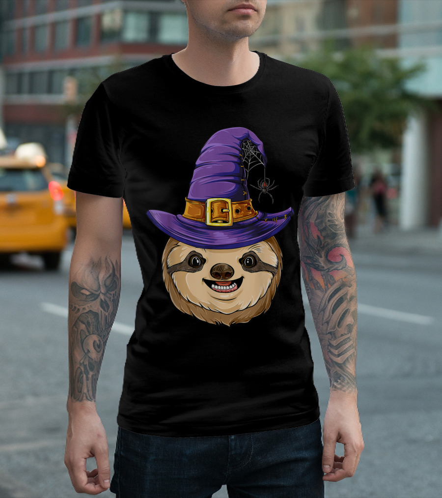 Halloween Sloth with Witch Hat and Spider T-Shirt