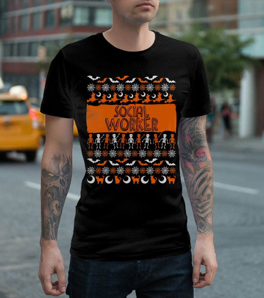 Social Worker Halloween Bats Skeletons Witches and Cats T-Shirt