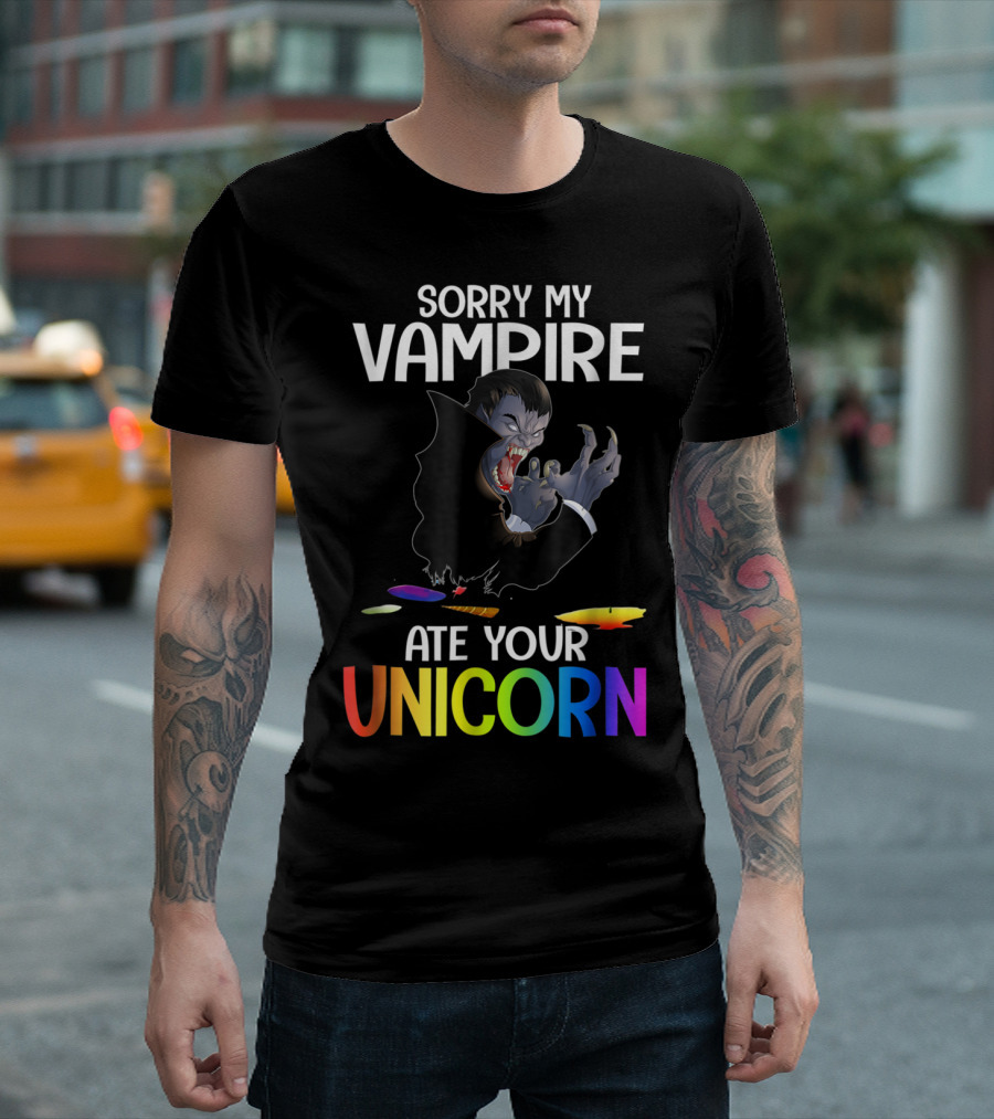 Sorry My Vampire Ate Your Unicorn Rainbow Text with Vampire T-Shirt