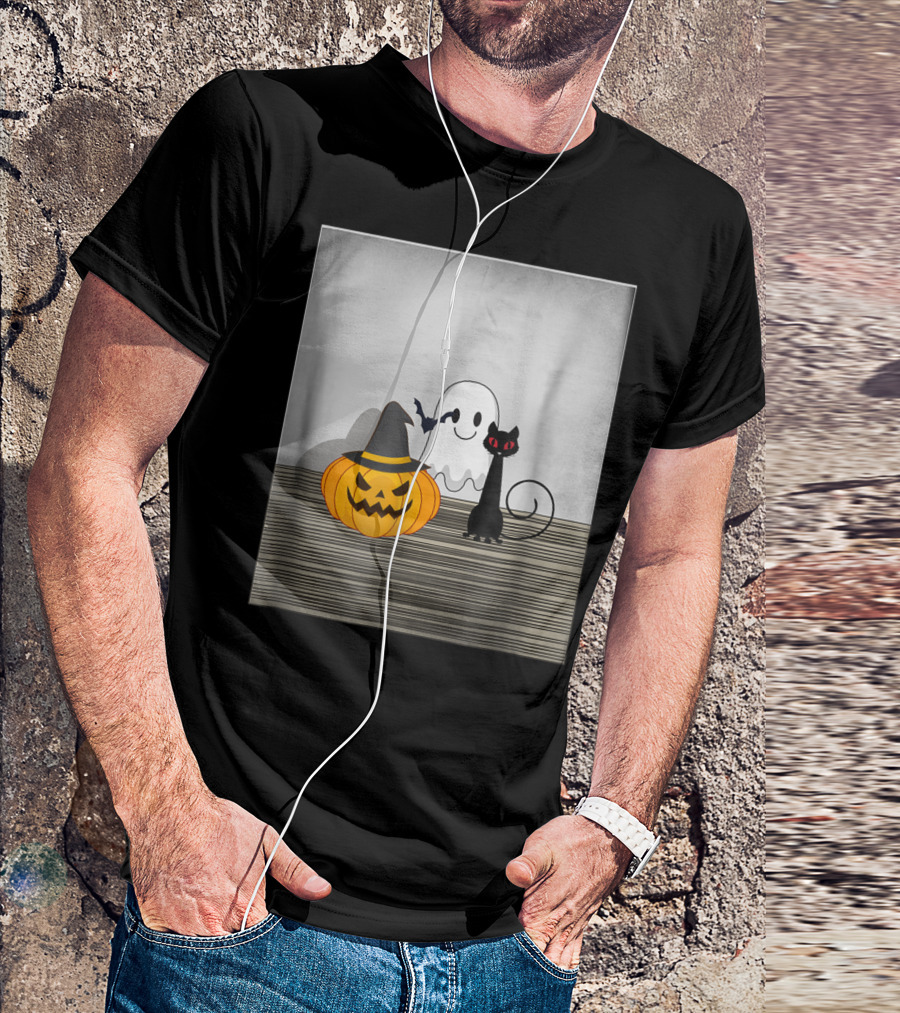 Spooky Halloween Cat Pumpkin Ghost With Witch Hat And Bat T-Shirt