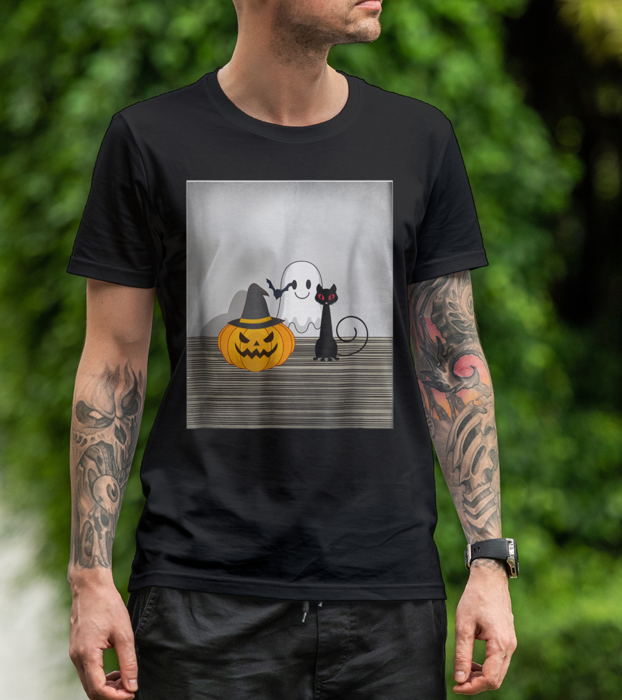 Spooky Halloween Cat Pumpkin Ghost With Witch Hat And Bat T-Shirt
