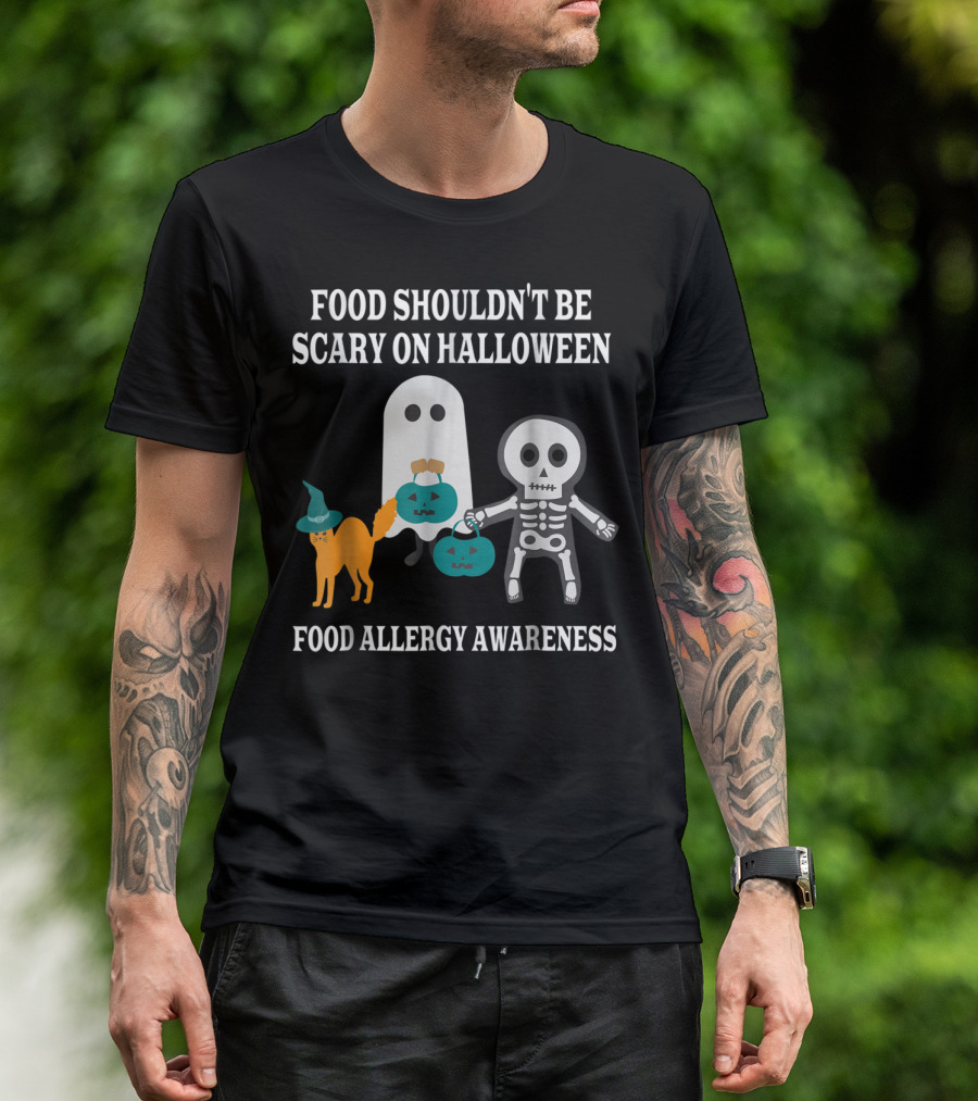 Food Shouldn't Be Scary On Halloween Food Allergy Awareness Ghost Skeleton Teal Pumpkin T-Shirt