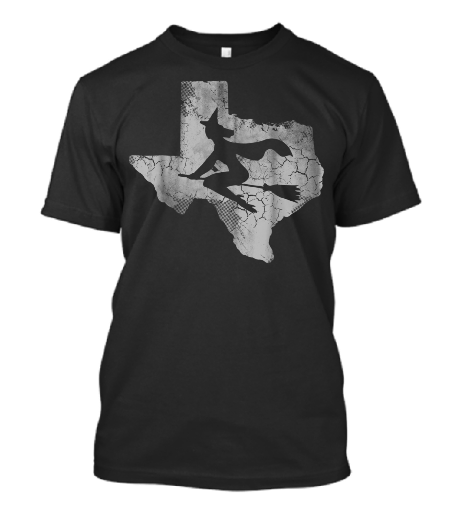Texas Halloween Witch Silhouette Riding Broom Over Cracked State Map T-Shirt