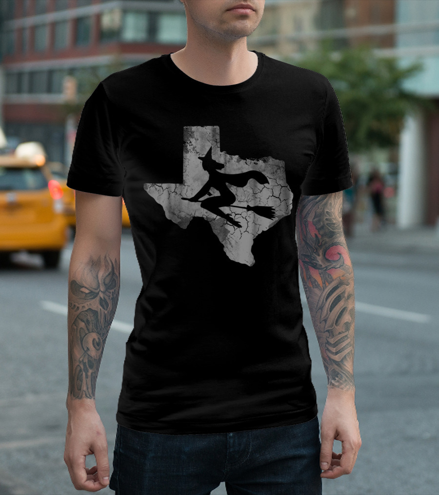 Texas Halloween Witch Silhouette Riding Broom Over Cracked State Map T-Shirt