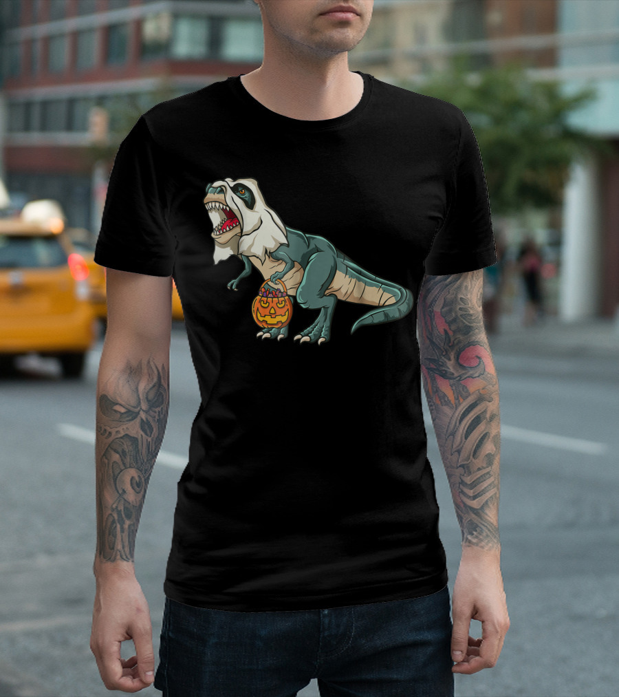 Trex Dinosaur in Ghost Costume with Halloween Pumpkin Bucket T-Shirt