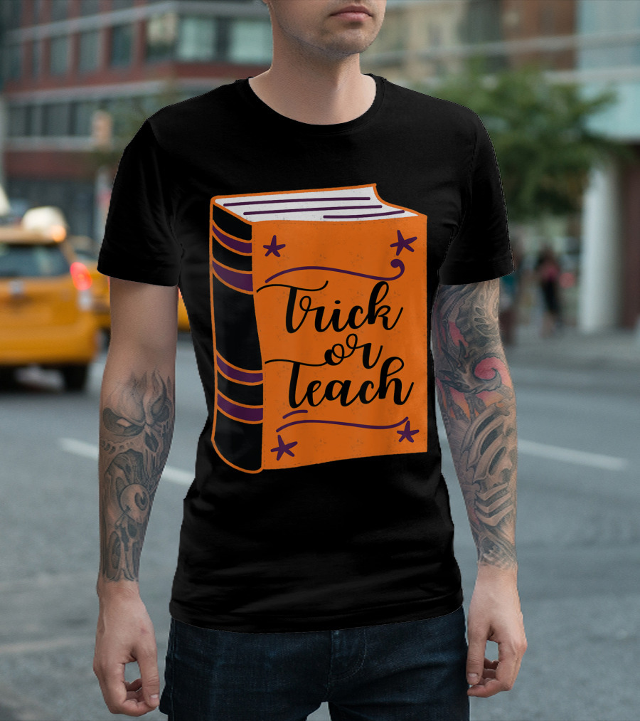 Trick Or Teach Teacher Halloween Book Orange and Black T-Shirt