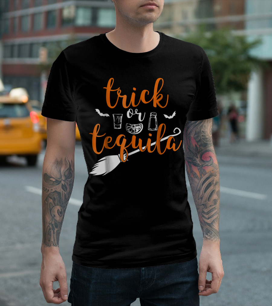 Trick Or Tequila Witch Broomstick Lime Salt Shot Glasses Bats T-Shirt