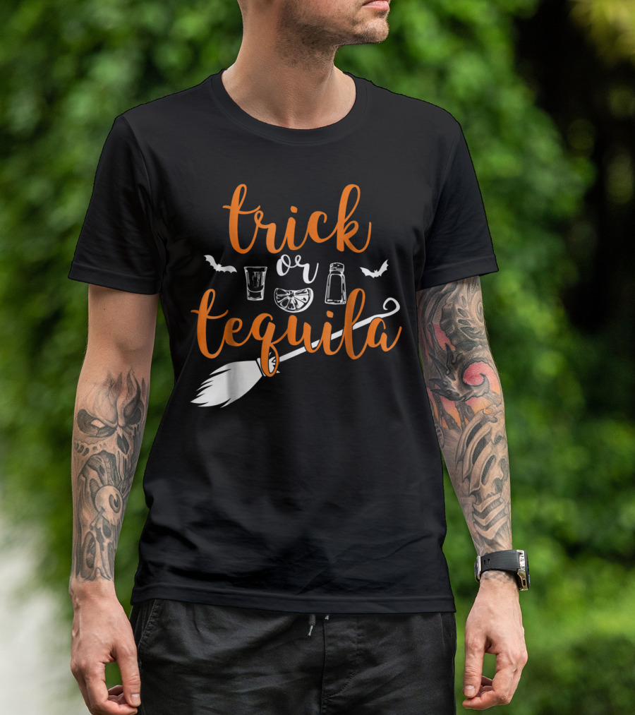 Trick Or Tequila Witch Broomstick Lime Salt Shot Glasses Bats T-Shirt