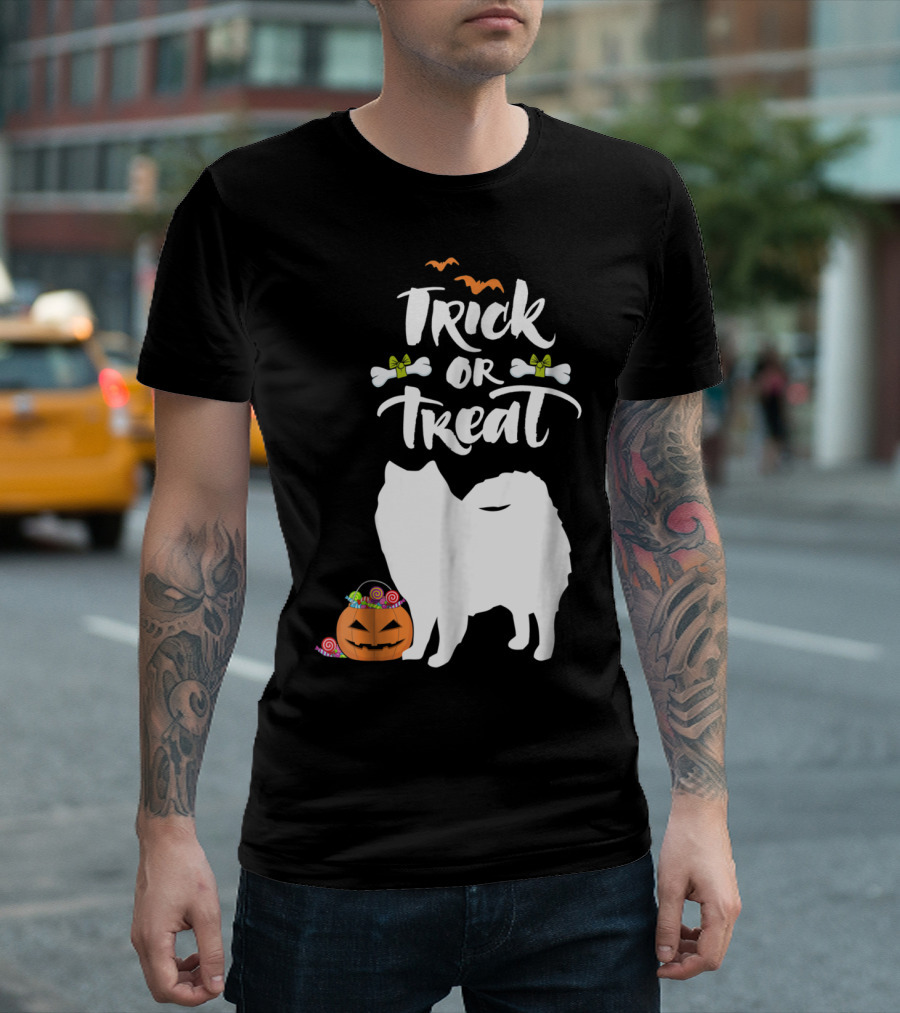 Trick Or Treat Halloween Dog with American Eskimo Silhouette and Pumpkin T-Shirt
