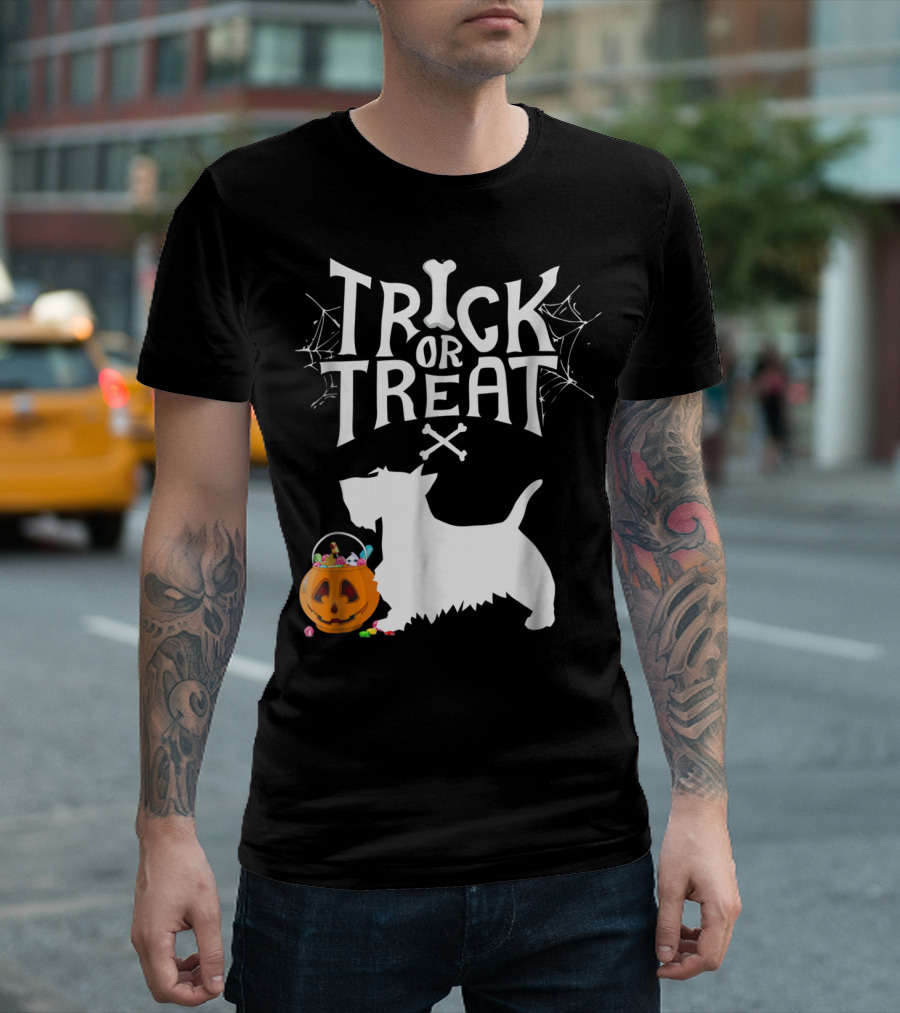 Trick Or Treat Scottie Scottish Terrier Pumpkin and Candy T-Shirt