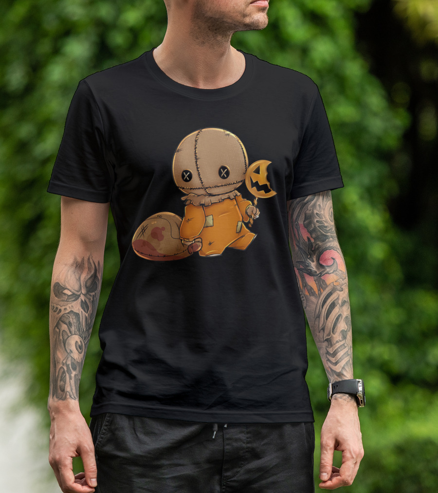 Trick R Treat Cute Sam In Orange Outfit With Pumpkin Lollipop T-Shirt