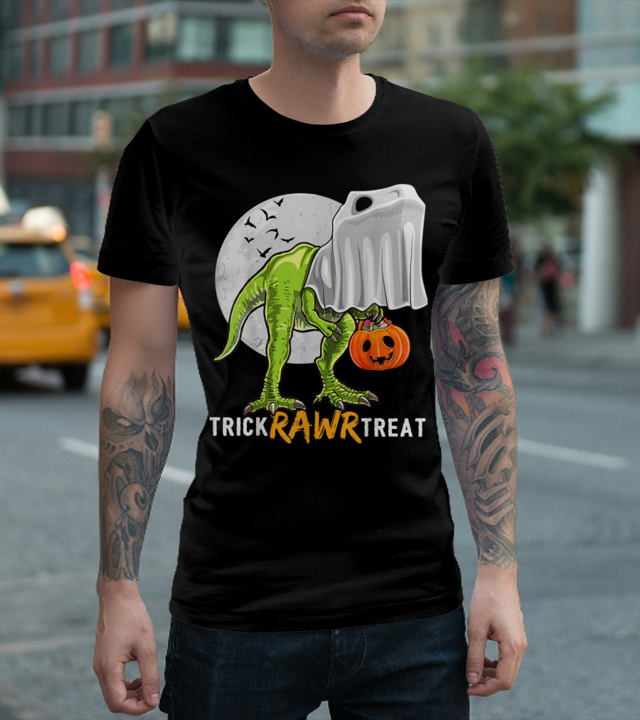 Trick Rawr Treat Halloween Rex Dinosaur Ghost Moon Pumpkin T-Shirt
