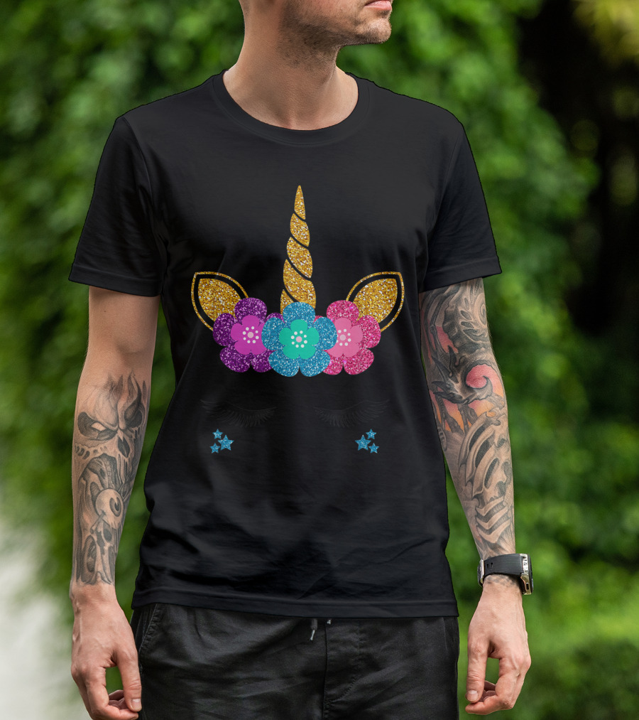 Unicorn Face Glitter Flowers Halloween Birthday T-Shirt