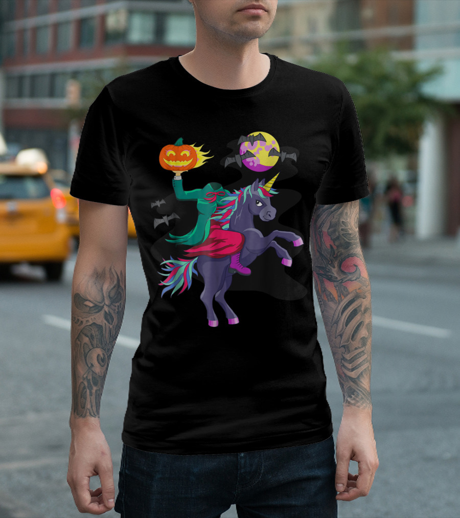 Unicorn Halloween Headless Horseman with Pumpkin Jack-o'-Lantern and Flying Bats T-Shirt
