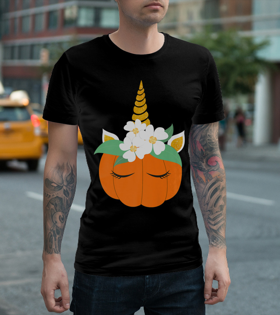 Unicorn Pumpkin Halloween With Flowers T-Shirt