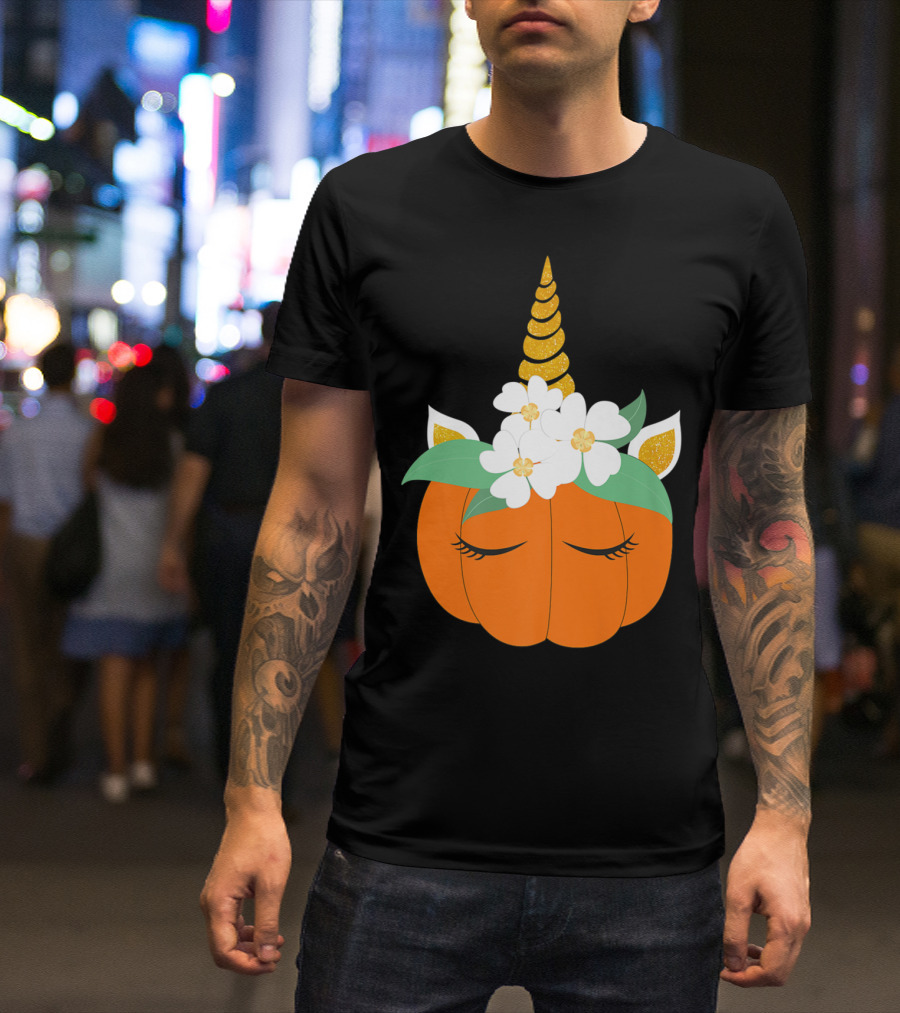Unicorn Pumpkin Halloween With Flowers T-Shirt