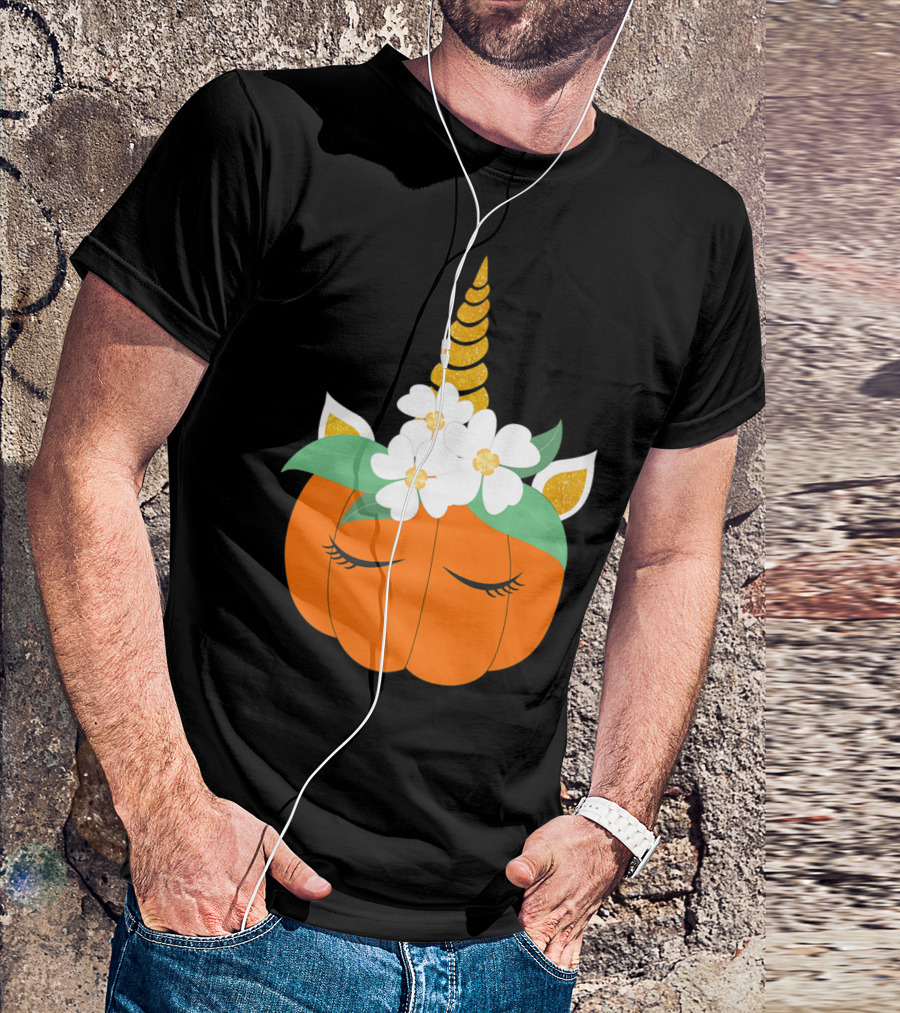 Unicorn Pumpkin Halloween With Flowers T-Shirt