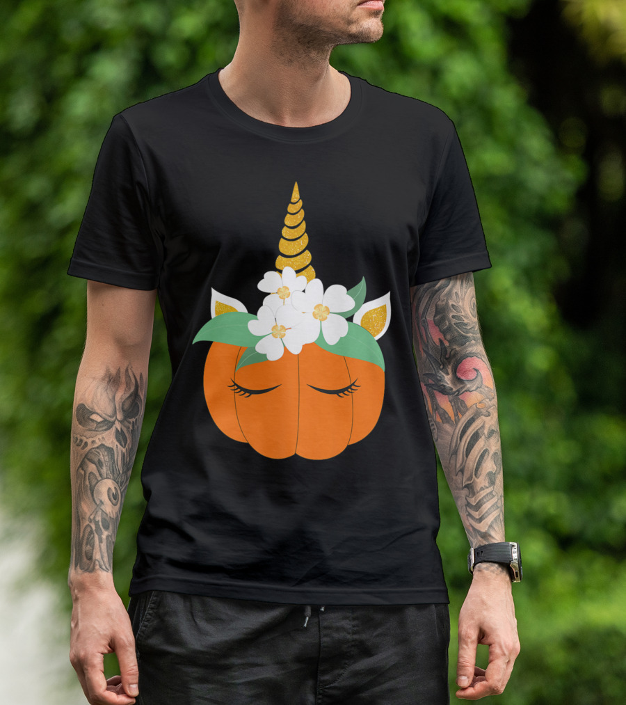 Unicorn Pumpkin Halloween With Flowers T-Shirt