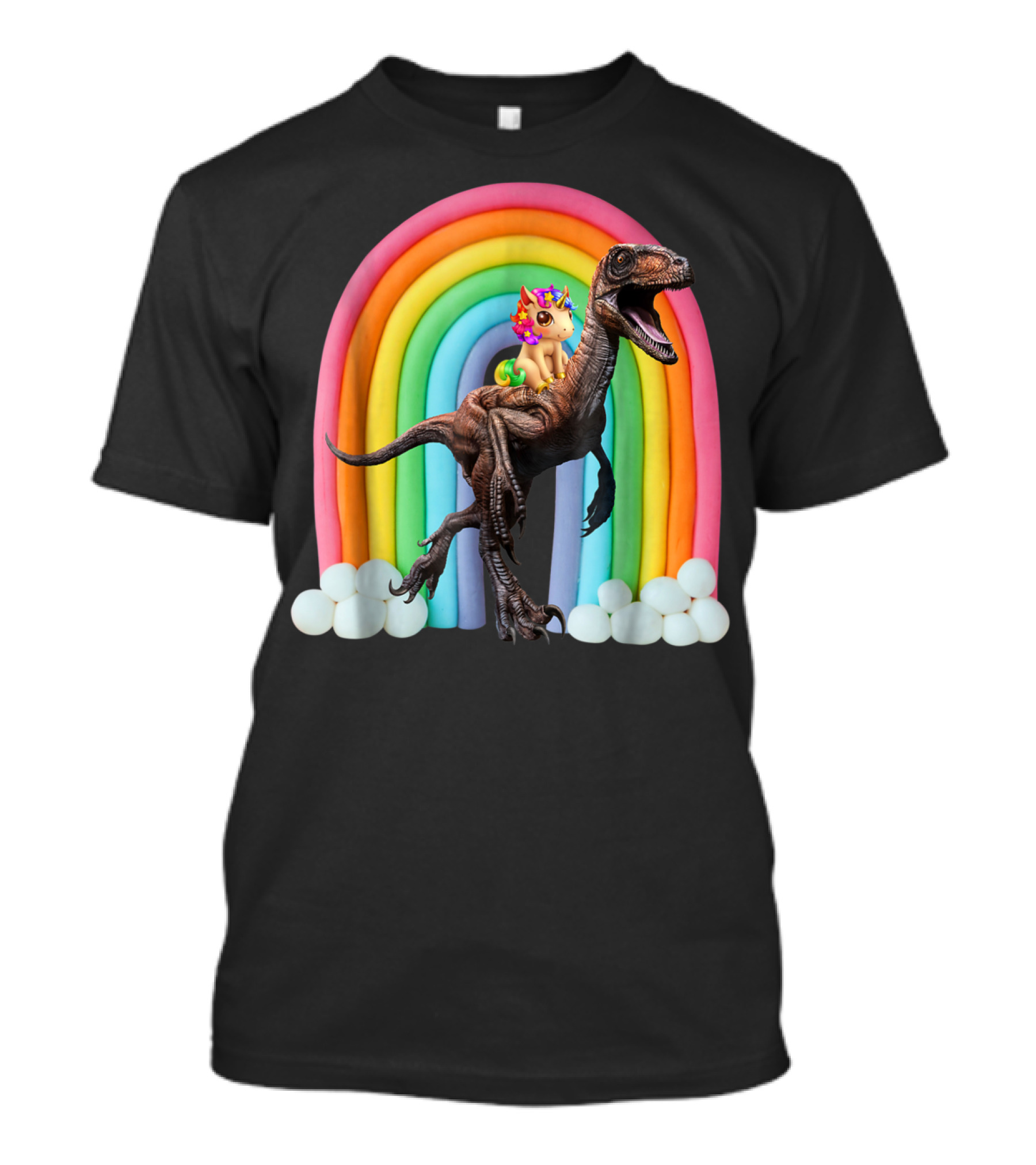 Unicorn Riding Dinosaur Raptor Rainbow Fantasy Adventure T-Shirt