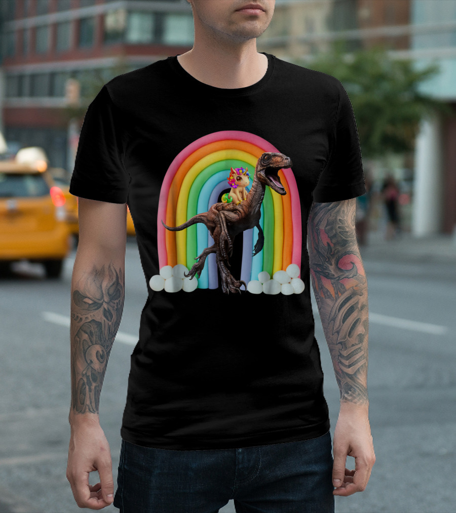 Unicorn Riding Dinosaur Raptor Rainbow Fantasy Adventure T-Shirt