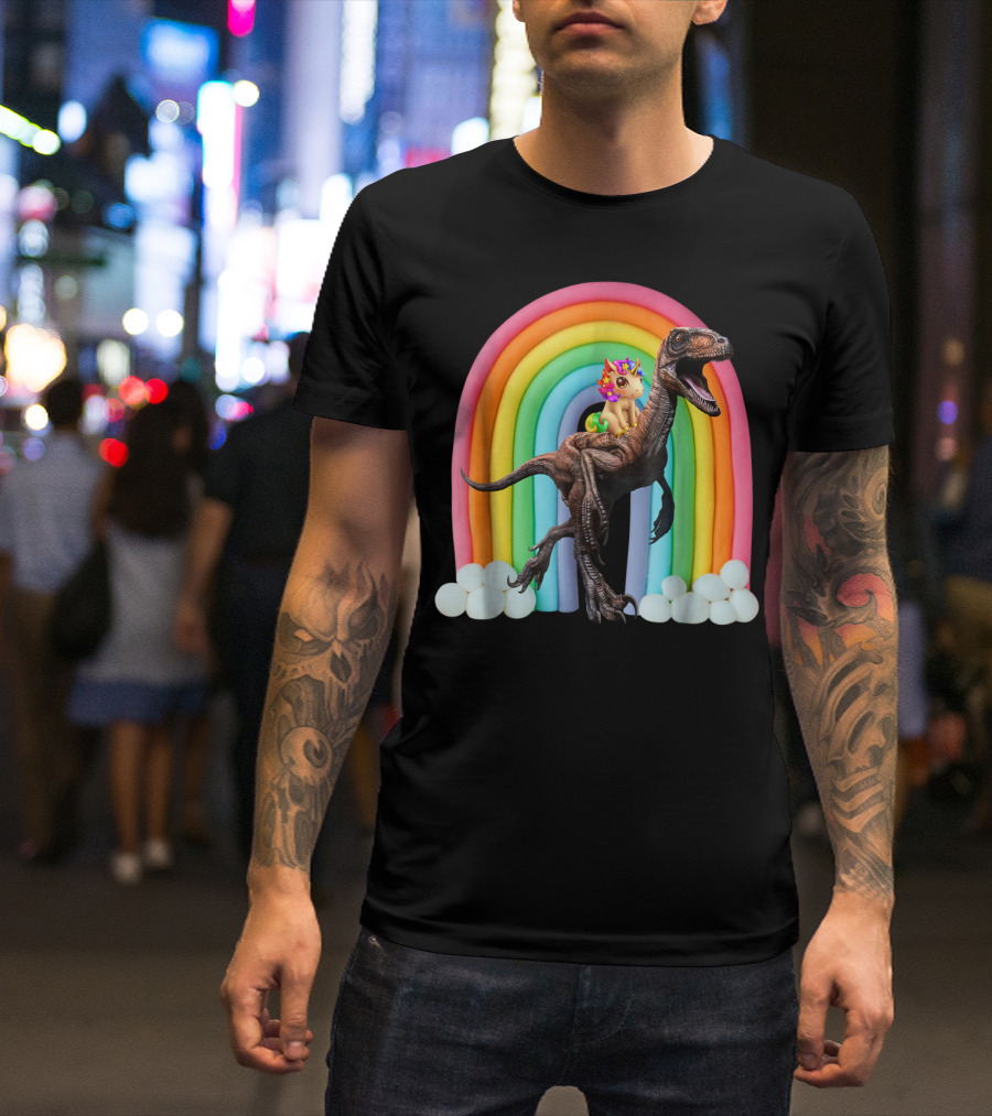 Unicorn Riding Dinosaur Raptor Rainbow Fantasy Adventure T-Shirt