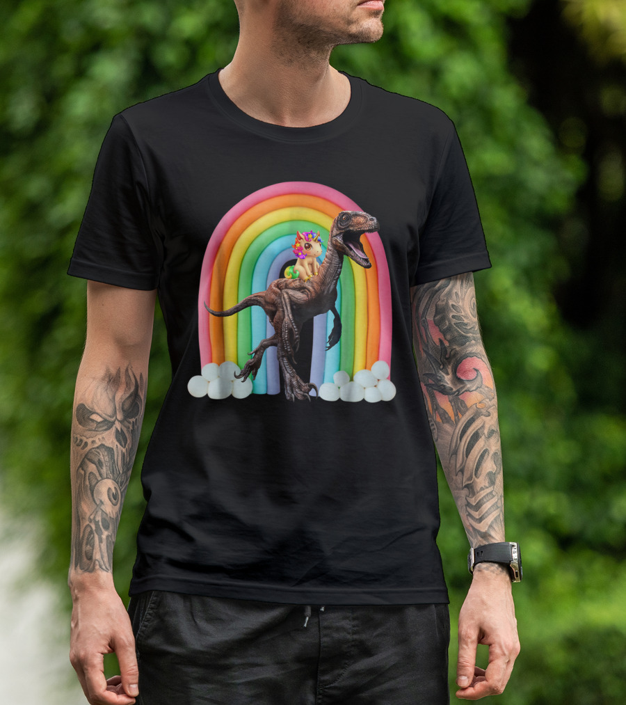 Unicorn Riding Dinosaur Raptor Rainbow Fantasy Adventure T-Shirt