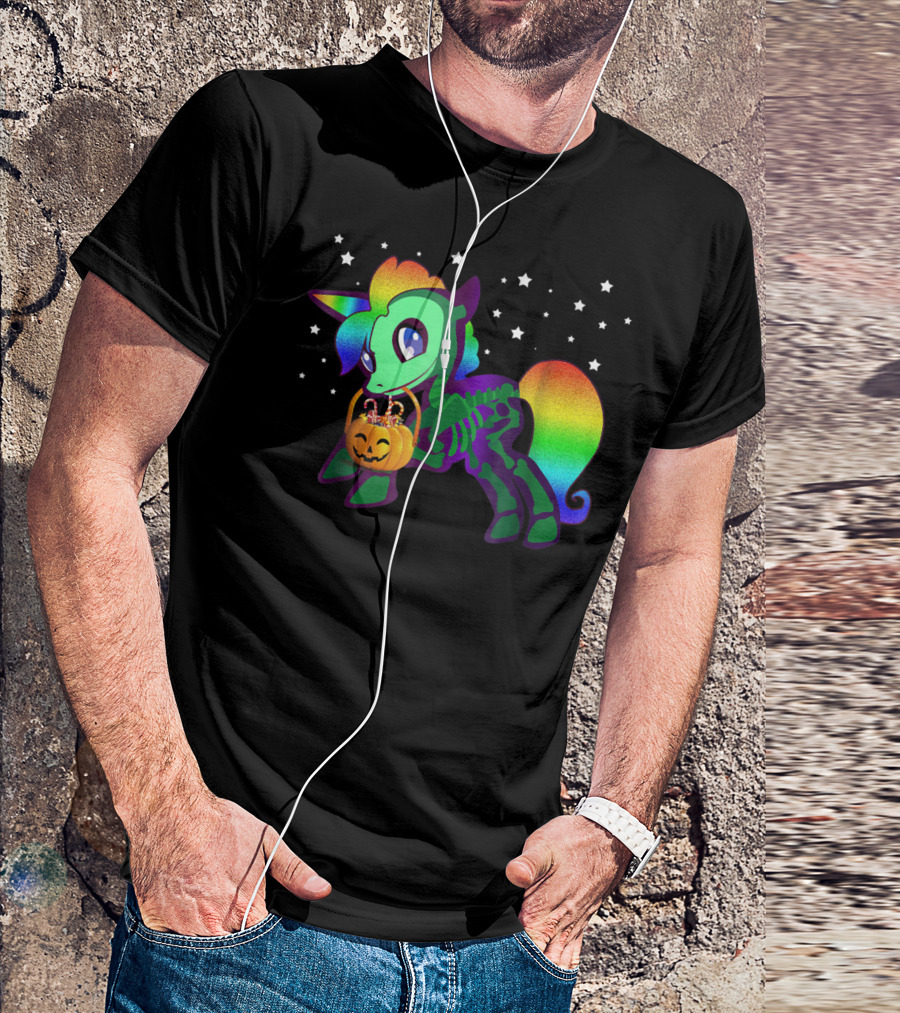 Unicorn Skeleton Rainbow Halloween Candy Stars Glow T-Shirt