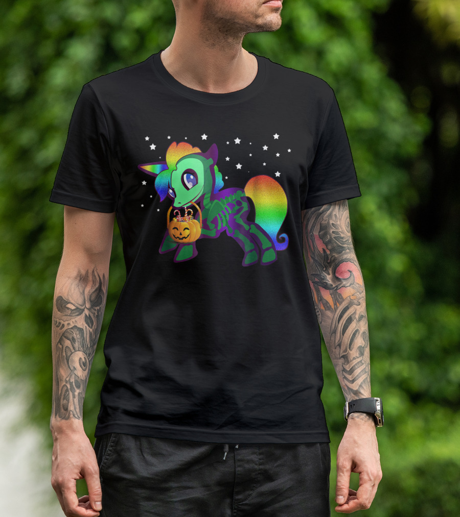 Unicorn Skeleton Rainbow Halloween Candy Stars Glow T-Shirt