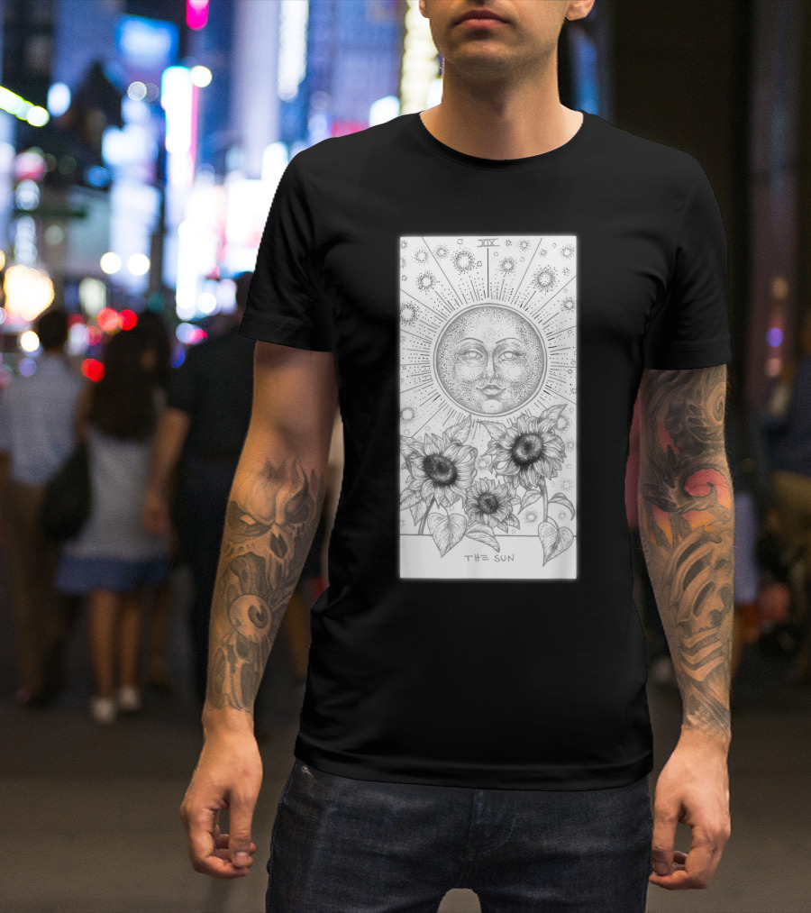The Sun Tarot Card With Radiant Face Sunflowers And Celestial Stars T-Shirt