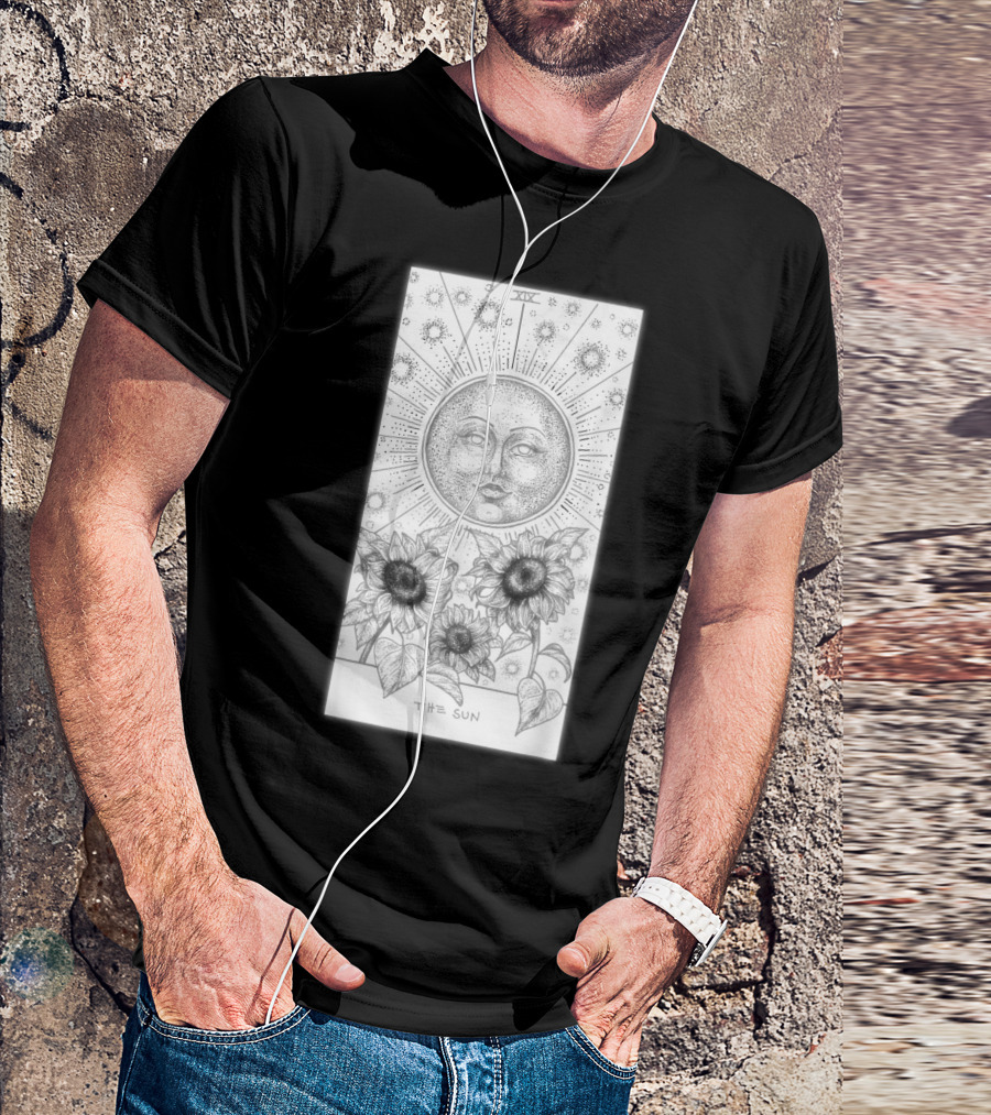 The Sun Tarot Card With Radiant Face Sunflowers And Celestial Stars T-Shirt