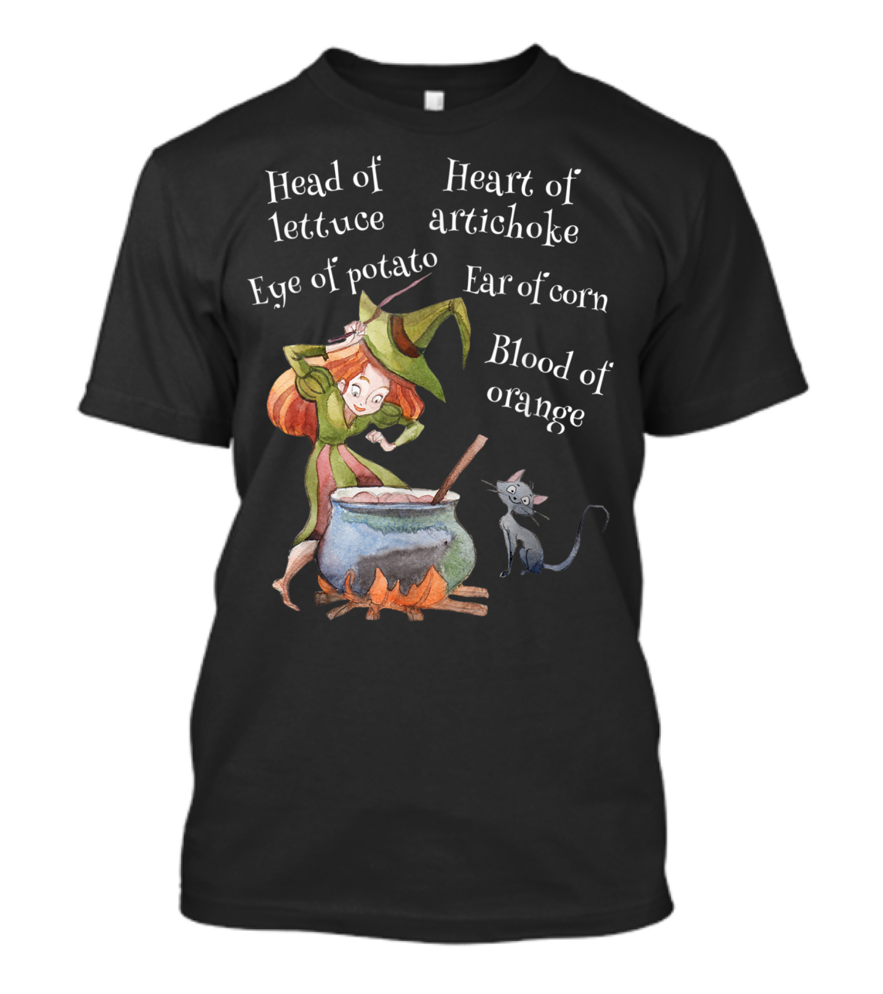 Head Of Lettuce Eye Of Potato Heart Of Artichoke Ear Of Corn Blood Of Orange Witch Halloween Cat T-Shirt