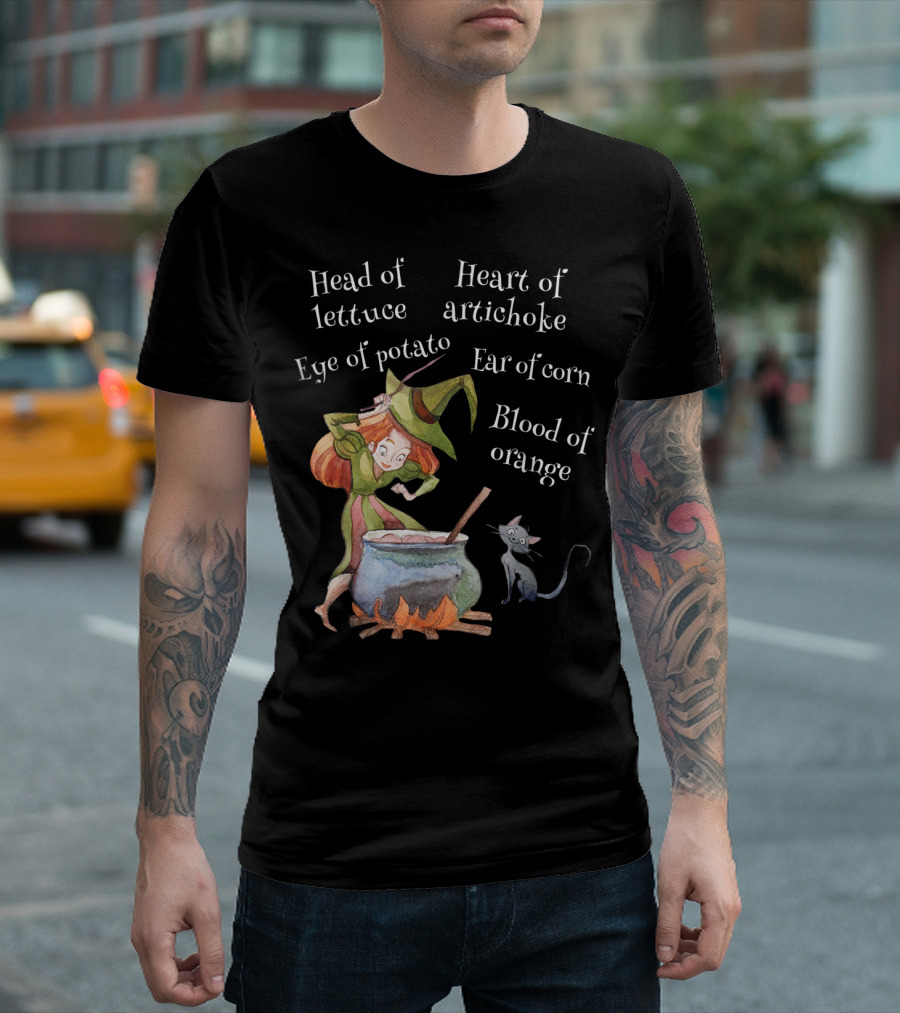 Head Of Lettuce Eye Of Potato Heart Of Artichoke Ear Of Corn Blood Of Orange Witch Halloween Cat T-Shirt
