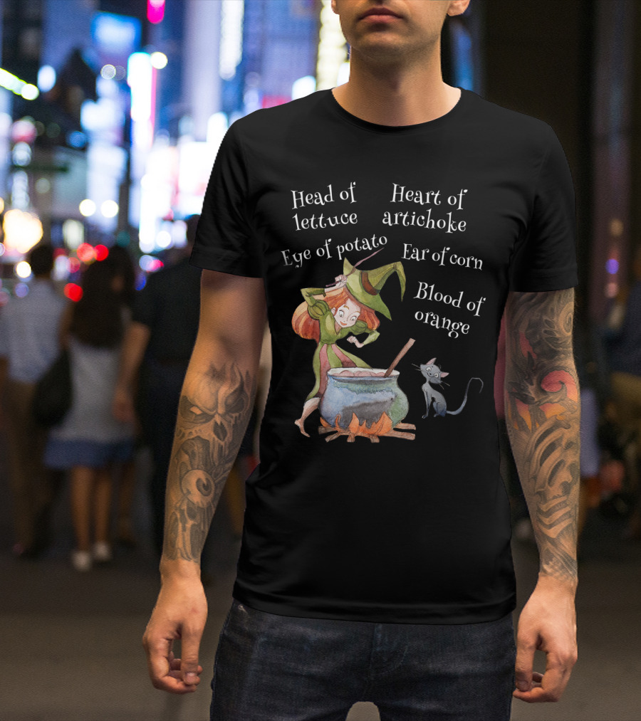 Head Of Lettuce Eye Of Potato Heart Of Artichoke Ear Of Corn Blood Of Orange Witch Halloween Cat T-Shirt