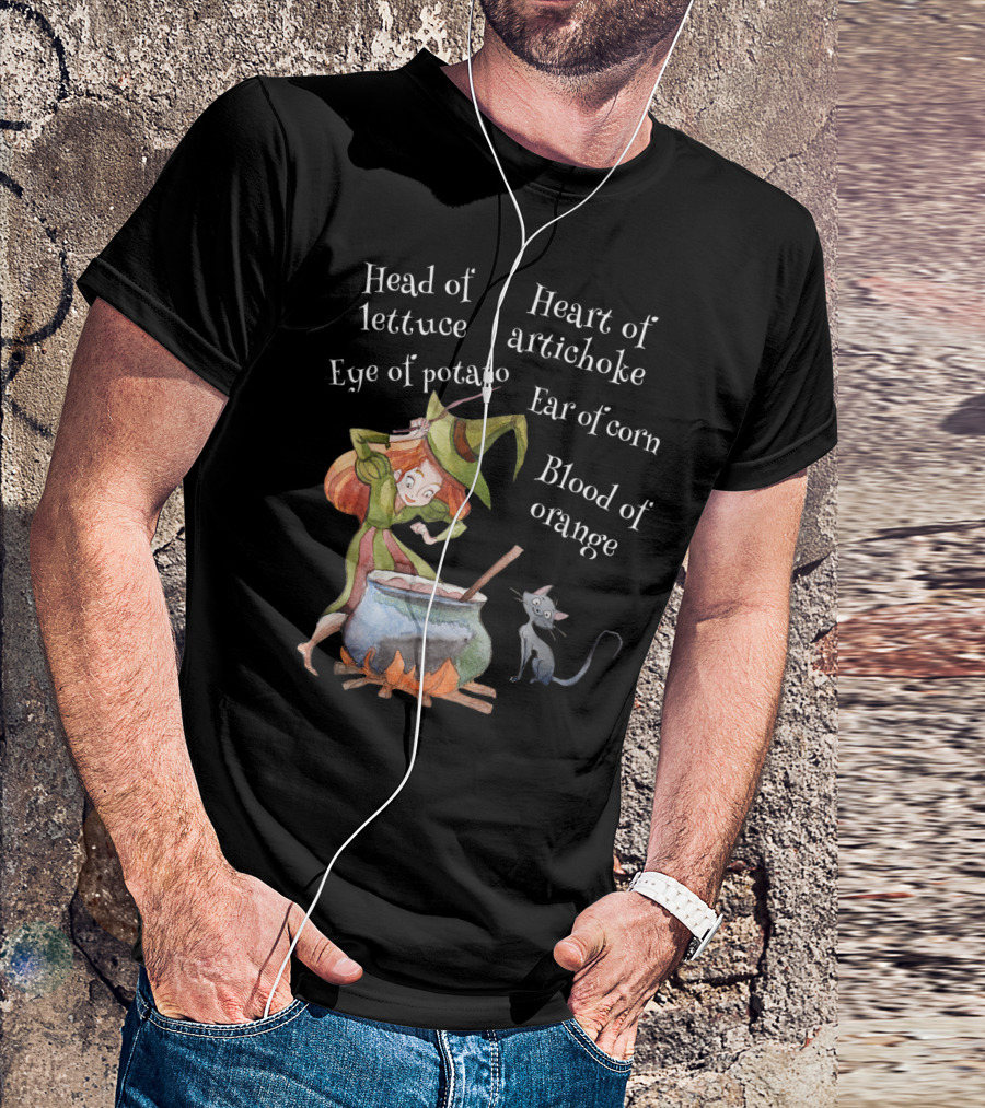 Head Of Lettuce Eye Of Potato Heart Of Artichoke Ear Of Corn Blood Of Orange Witch Halloween Cat T-Shirt
