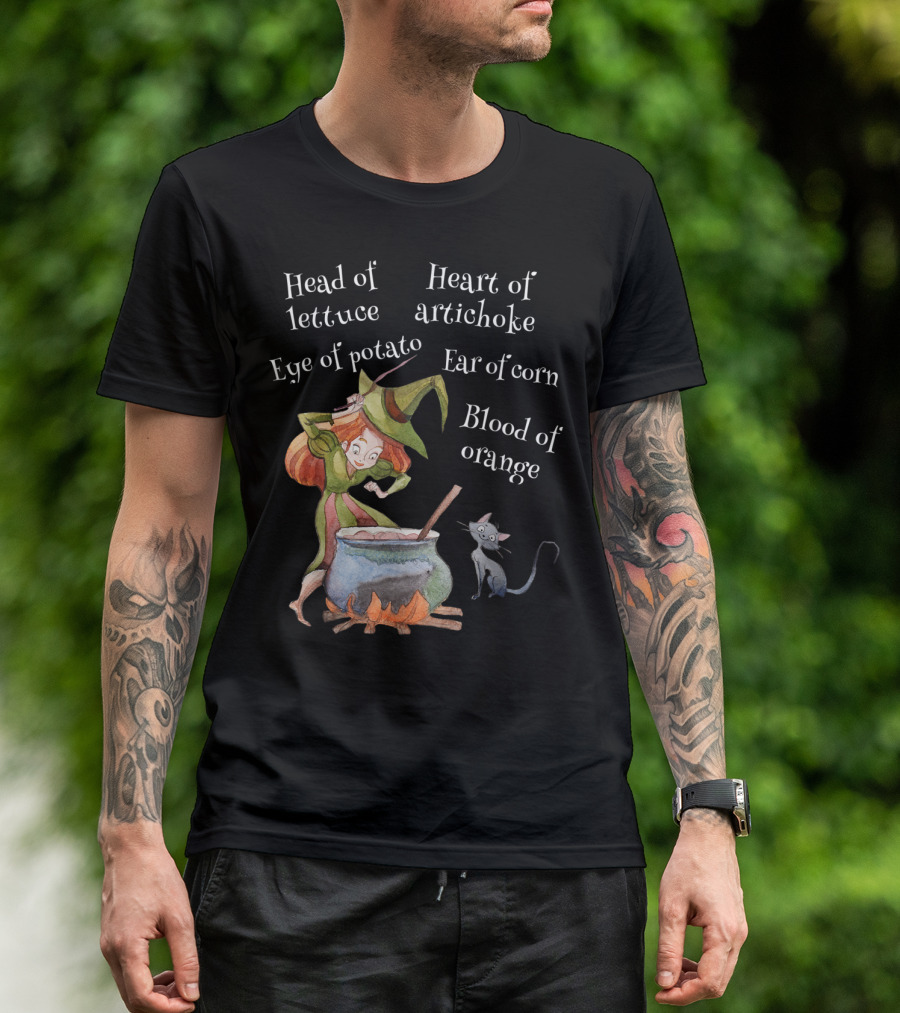Head Of Lettuce Eye Of Potato Heart Of Artichoke Ear Of Corn Blood Of Orange Witch Halloween Cat T-Shirt
