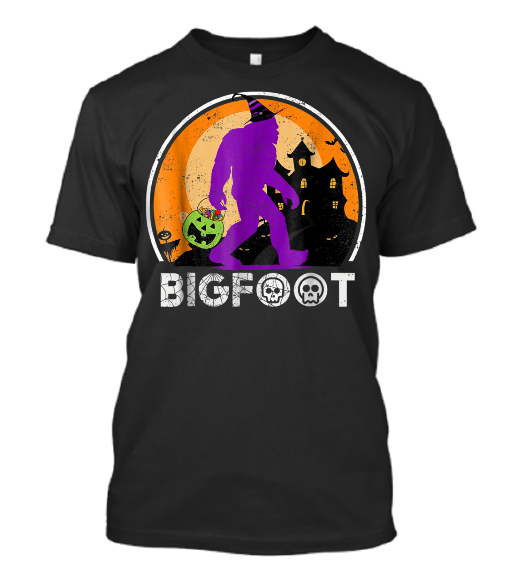 Bigfoot Halloween Trick Or Treating With Haunted House And Pumpkin Basket T-Shirt