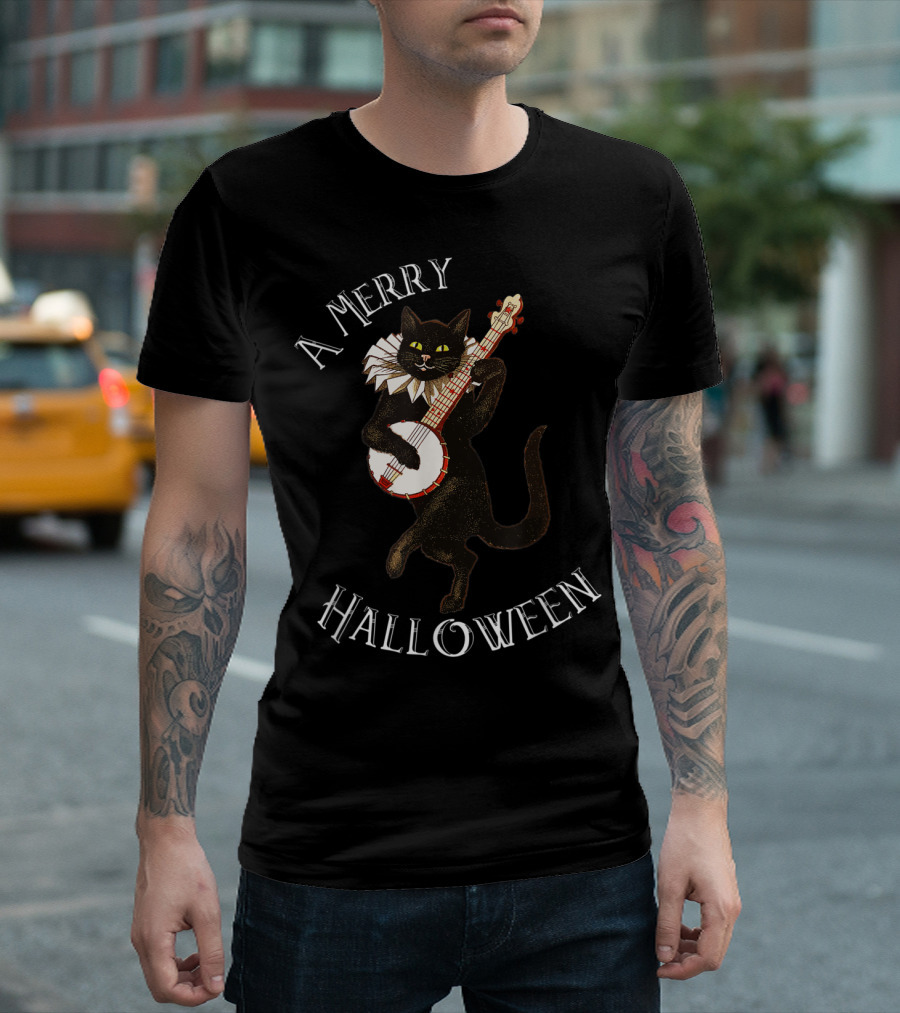A Merry Halloween Vintage Black Cat Banjo Player T-Shirt