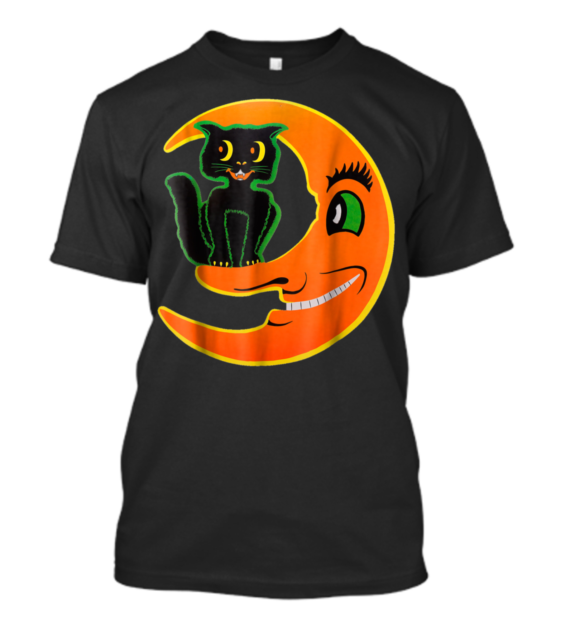 Vintage Halloween Beistle Cat On The Grinning Orange Moon T-Shirt