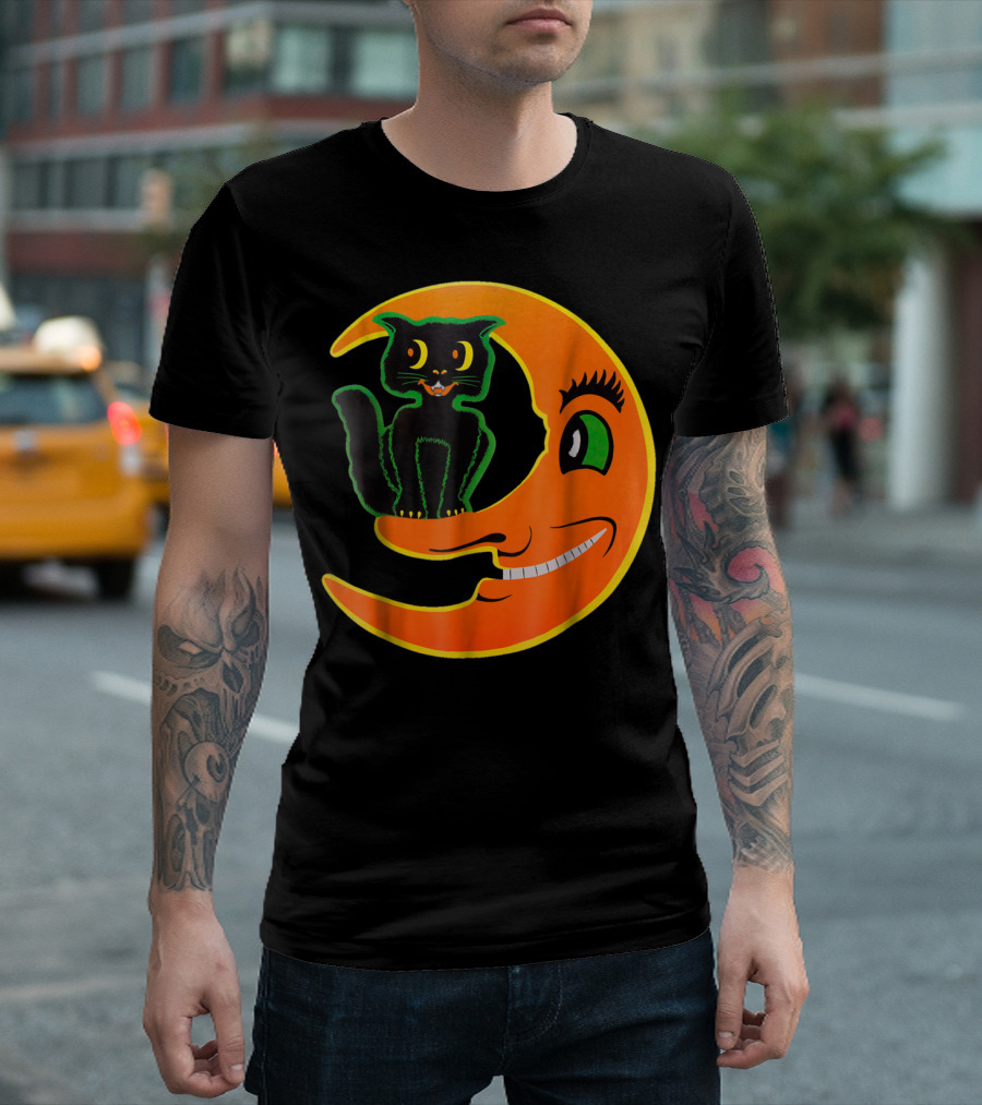 Vintage Halloween Beistle Cat On The Grinning Orange Moon T-Shirt