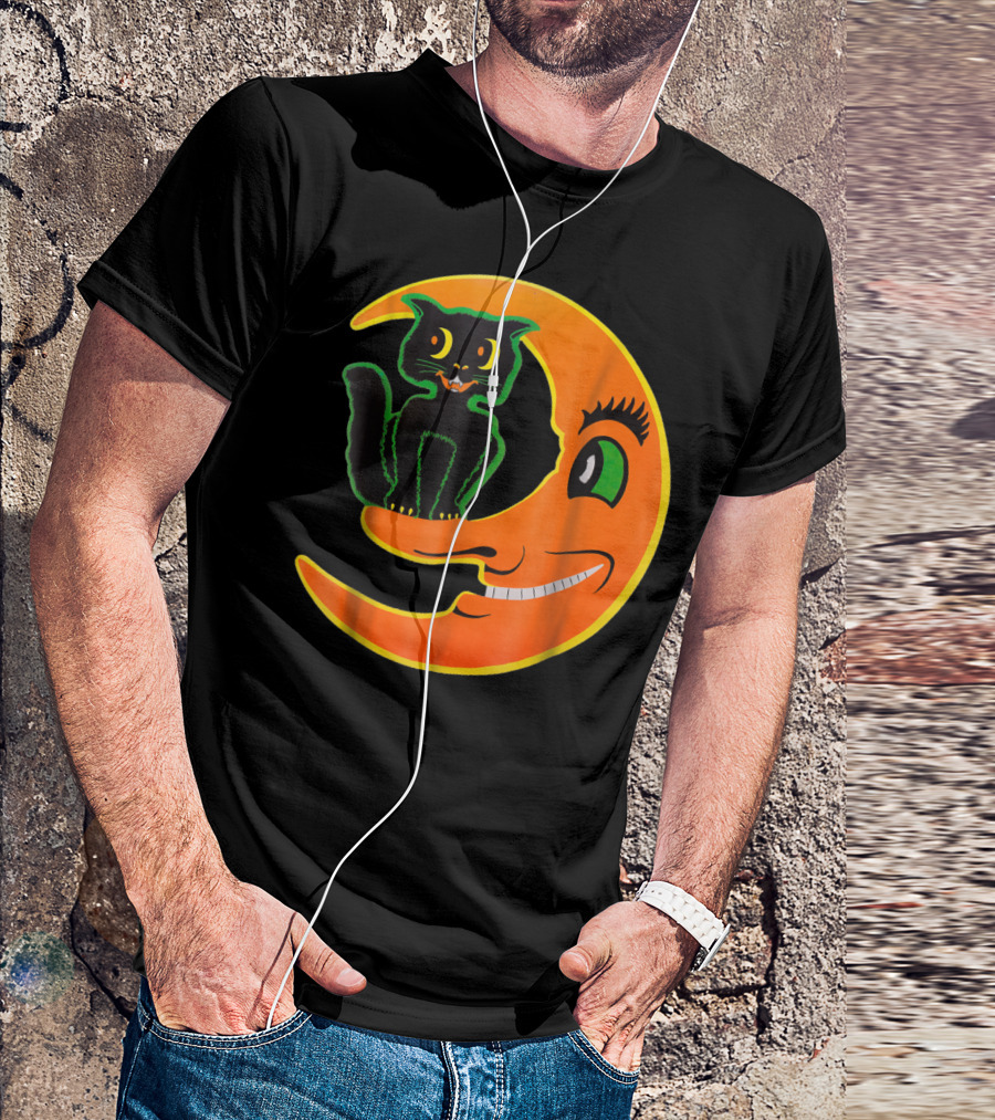 Vintage Halloween Beistle Cat On The Grinning Orange Moon T-Shirt
