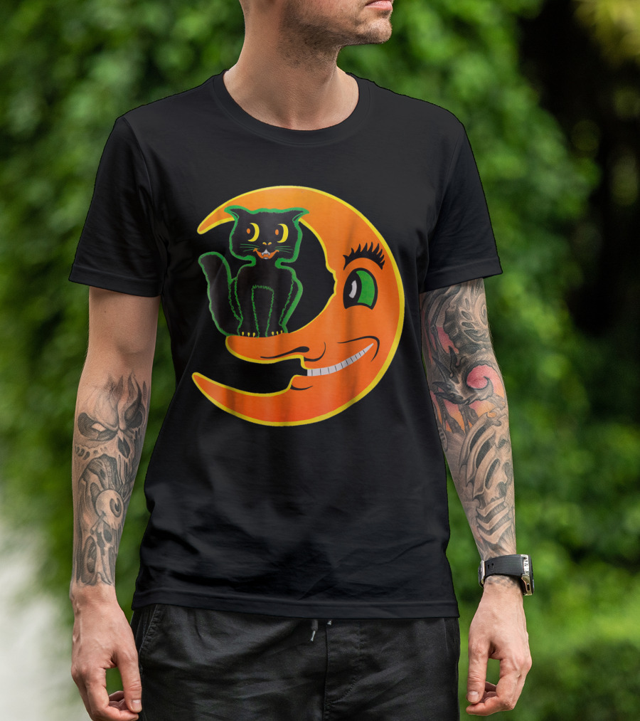 Vintage Halloween Beistle Cat On The Grinning Orange Moon T-Shirt