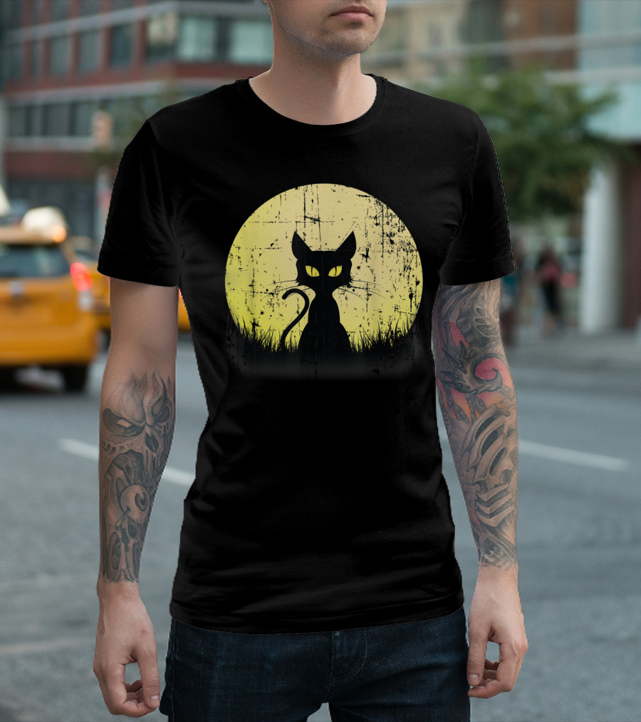 Vintage Halloween Cat Silhouette Full Moon Weathered T-Shirt