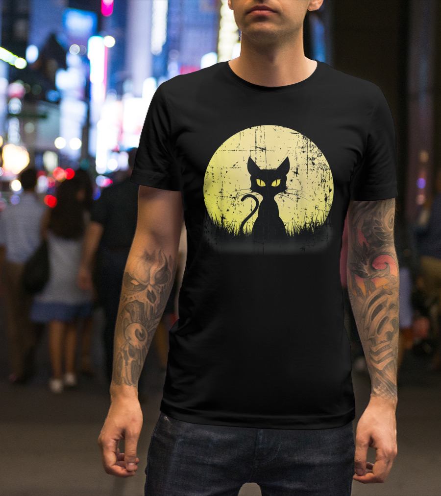 Vintage Halloween Cat Silhouette Full Moon Weathered T-Shirt