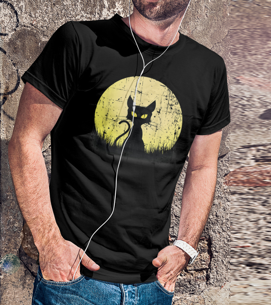 Vintage Halloween Cat Silhouette Full Moon Weathered T-Shirt
