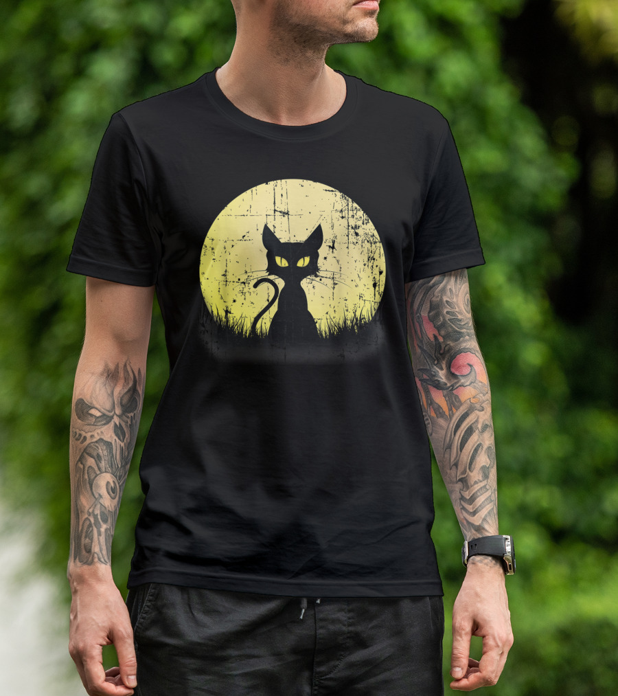 Vintage Halloween Cat Silhouette Full Moon Weathered T-Shirt