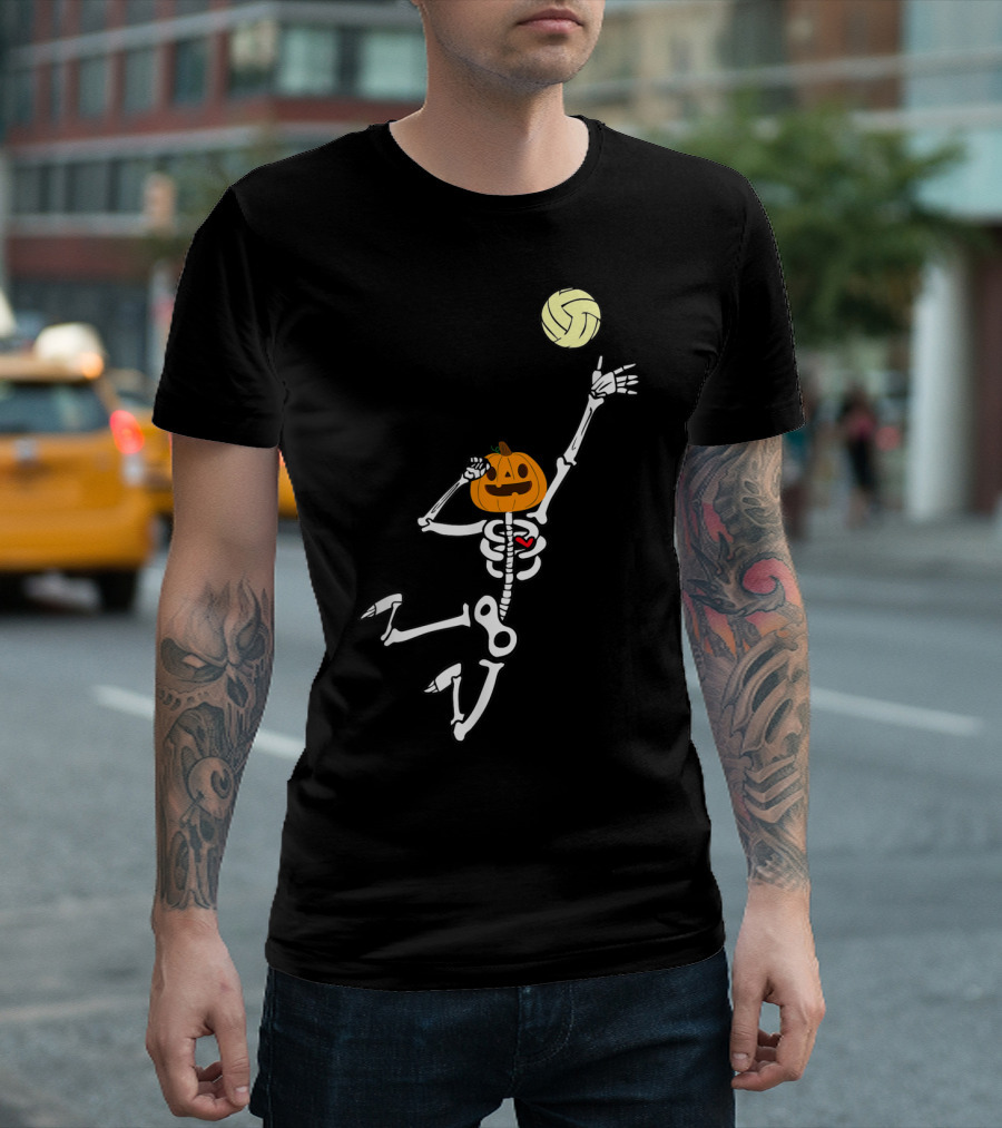 Halloween Volleyball Skeleton with Pumpkin Head Spiking Ball T-Shirt