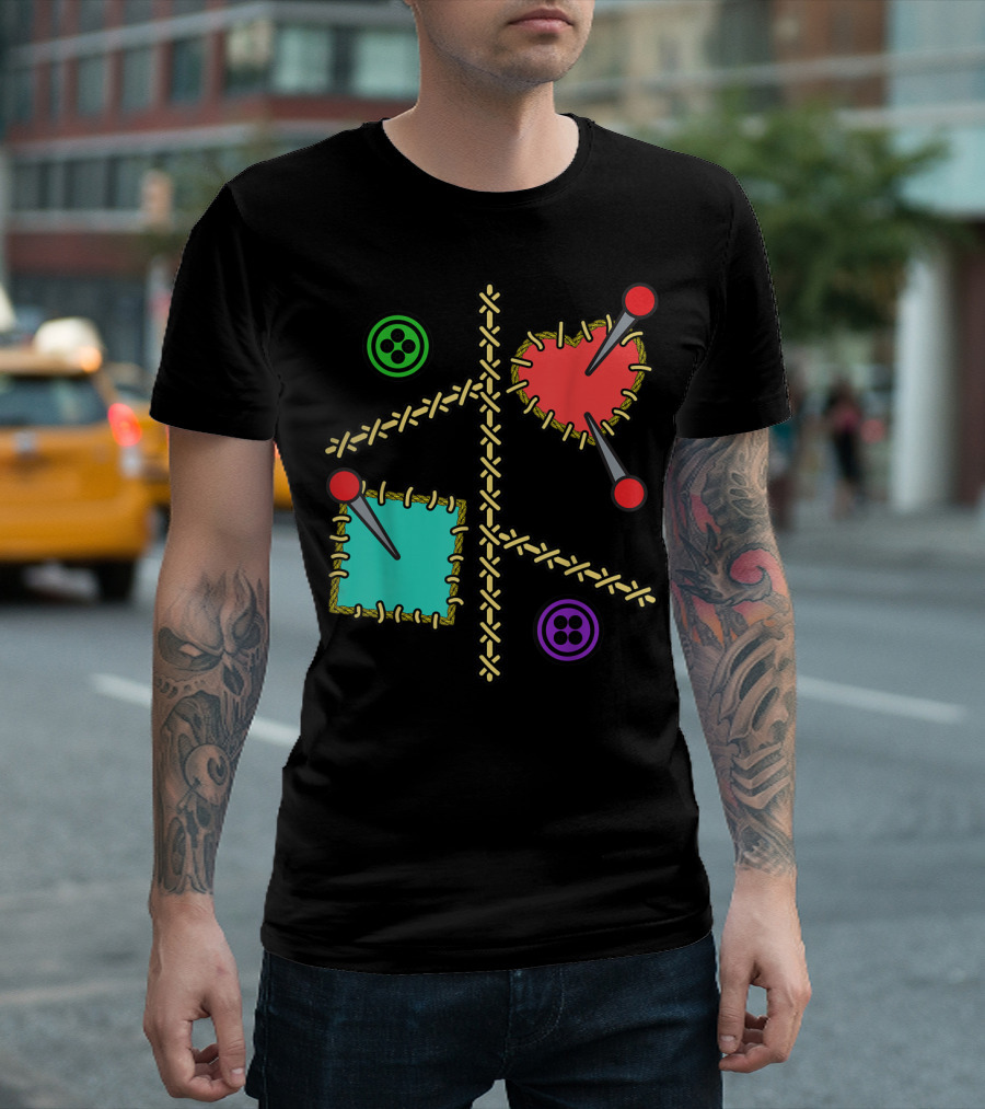 Voodoo Doll Heart And Pins With Button Stitching T-Shirt